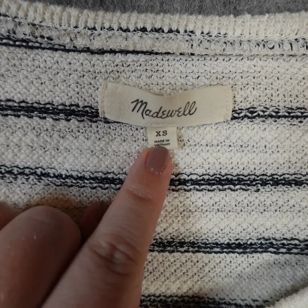 Madewell Top Womens Extra Small Puff Sleeve V-Neck Striped Knit White Blue‎